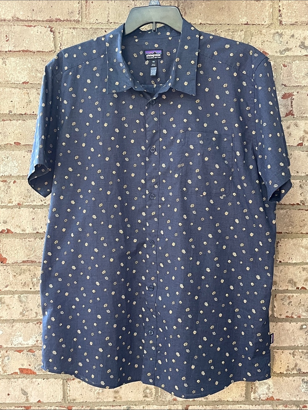 Patagonia Navy Short-Sleeve Button-Down with Small White & Tan Print